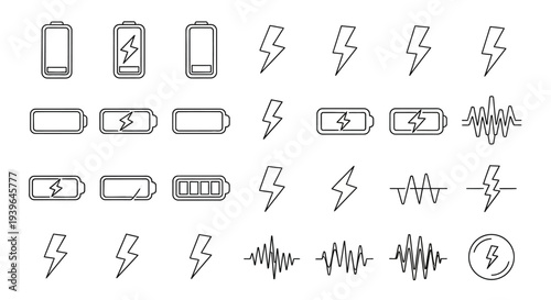 Battery Charge Icons Set: Lightning Bolt, Energy, Power, Levels, Sound Waves