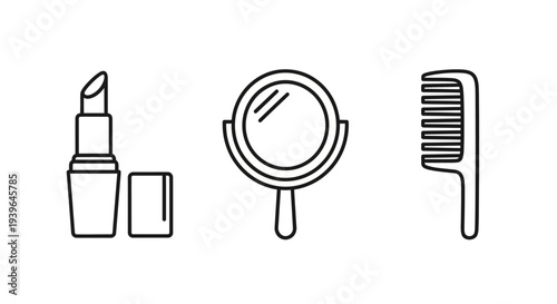 Beauty Icons: Lipstick, Mirror and Comb - Simple Line Art