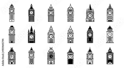 Big Ben Clock Tower Icons Set, London Landmark Collection, Silhouette Vector Art
