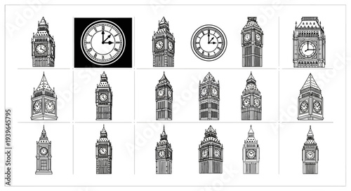 Big Ben Clock Tower London Sketch Collection - Vintage Line Art Illustrations