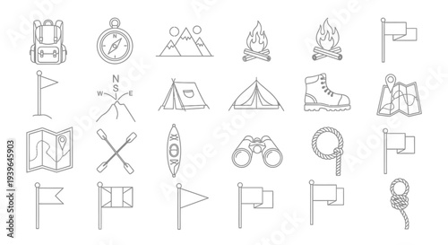 Camping and Hiking Icons Set: Backpack, Compass, Tent, Fire, Map, Canoe, Boots