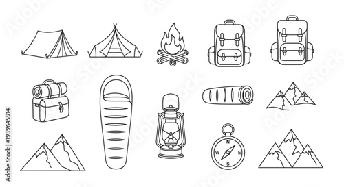 Camping Equipment Icons: Tent, Backpack, Sleeping Bag, Lantern, Compass, Mountains