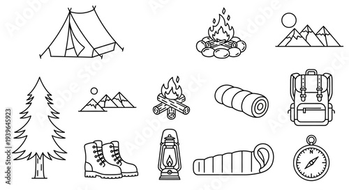 Camping Icons Set: Tent, Fire, Backpack, Boots, Lantern, Sleeping Bag, Compass