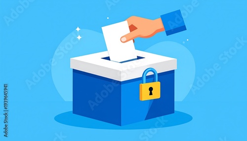 A cartoon depiction shows a hand inserting a ballot into a ballot box against a blue gradient backdrop with some sparkle effects