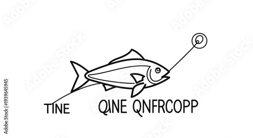 Cartoon Fish Caught on Fishing Hook with Line and Text