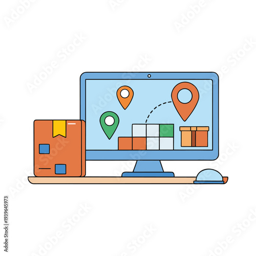 Cyber Monday logistics tracking on computer monitor with shipping box