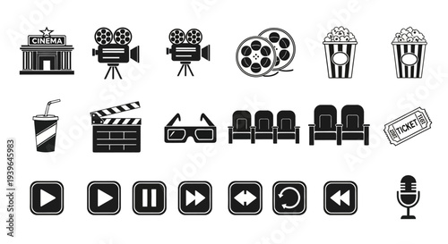 Cinema Icons: Movie Theater, Camera, Popcorn, Tickets & More
