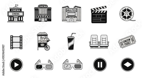 Cinema Icons: Movies, Popcorn, Tickets, Seats, 3D Glasses, Film Reel