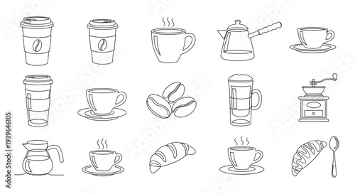 Coffee Icons Set: Line Art Collection of Drinks, Beans, Croissant, Grinder