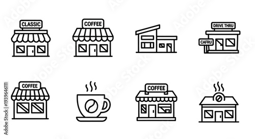 Coffee Shop Icons Set: Cafes, Drive-Thru, Classic Storefronts, Hot Beverage