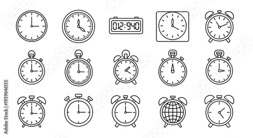 Collection of assorted clock icons, alarm clocks, stopwatch, digital display