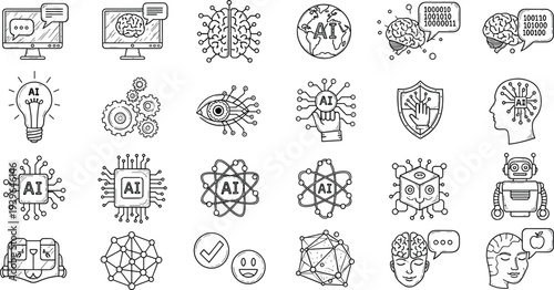 Artificial intelligence doodle icons set with AI brain robot chatbot neural network technology machine learning elements hand drawn vector illustration