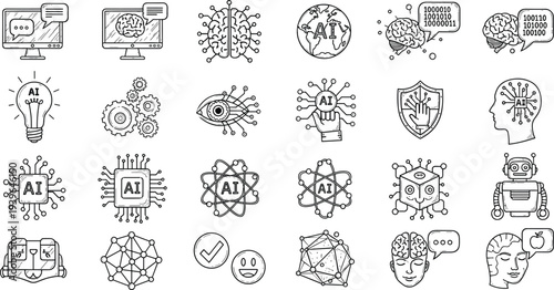 Artificial intelligence technology doodle icons set with AI brain robot chatbot neural network automation digital innovation hand drawn vector illustration