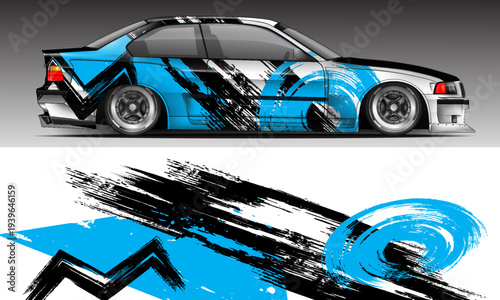 Car wrap design vector. Car livery abstract decal with black, white, blue colour. Sticker Vinyl template. Suitable for racing, rally, drfit, sport car, truck, or daily use car