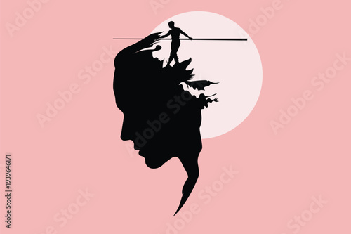 Tightrope Walker Balancing in Head Silhouette: Mind Balance, Trauma Freedom, Growth Progress