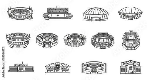 Collection of Stadium Icons: Diverse Architectural Designs for Sports and Events