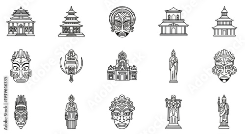 Collection of Traditional Asian Masks, Temples and Statues Icons