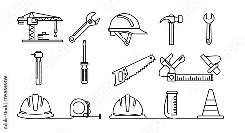 Construction Tools and Safety Equipment Icons Set