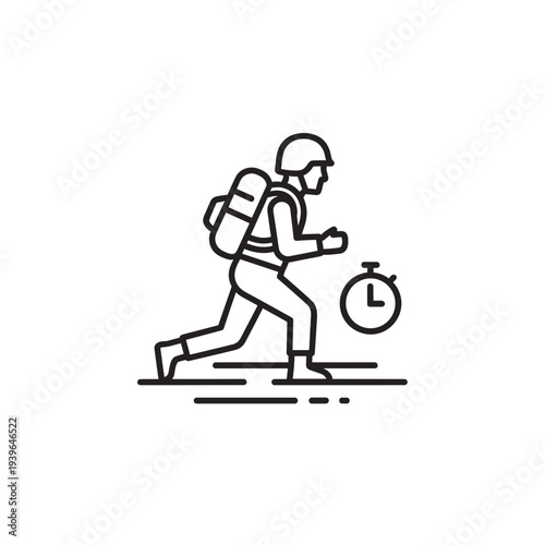 Soldier running with stopwatch and backpack in line art style  