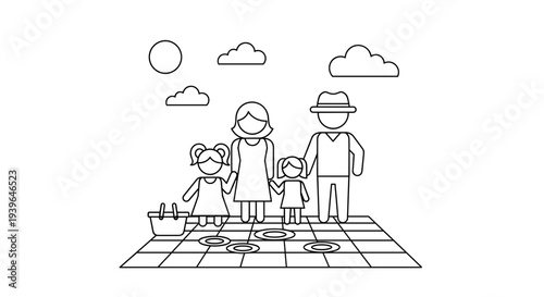 Outline of family playing together outdoors in a sunny park  