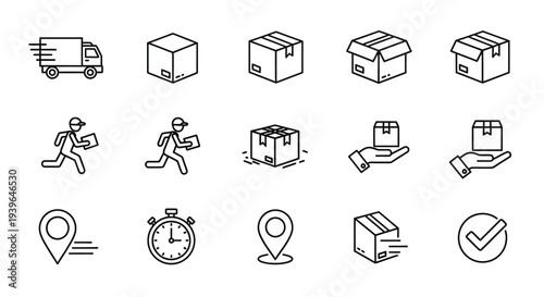 Delivery Service Icons: Truck, Boxes, Courier, Stopwatch, Location, Checkmark