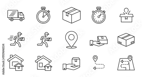 Delivery Service Icons: Truck, Courier, Stopwatch, Package, Location, House