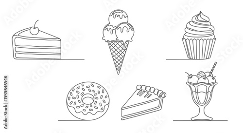 Dessert Line Art Collection: Cake, Ice Cream, Cupcake, Donut, Pie, Sundae