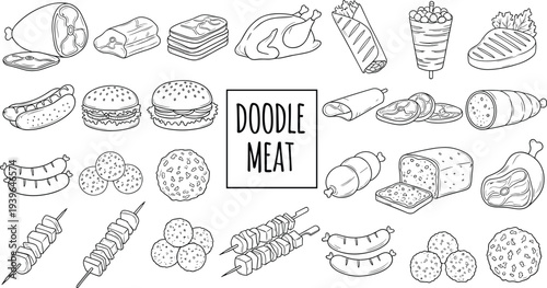 Doodle meat food icons set with sausage burger chicken kebab steak hand drawn fast food protein vector illustration
