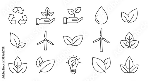 Ecology Icons Set: Recycling, Plants, Water Drop, Wind Turbine, Light Bulb
