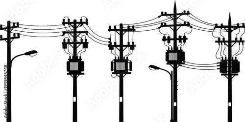 Black silhouettes of electric utility poles with transformers and street lamps featuring complex power line wiring isolated on white background