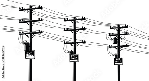 Black silhouettes of electric utility poles with for sale signs featuring complex cable wiring systems isolated on white background vector