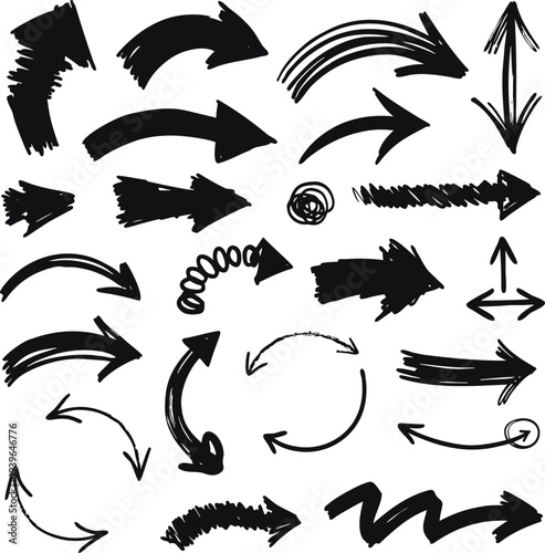 Collection of hand drawn black arrows and curved directional elements