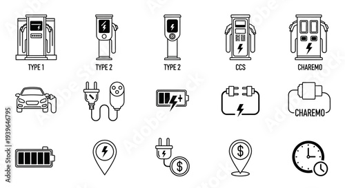 Electric Car Charging Stations and Connectors Icons Set