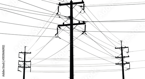 Black silhouette of electric utility poles and power lines featuring complex cable wiring systems isolated on white background vector illustration set