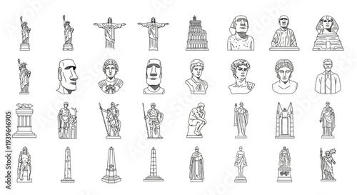 Famous Monuments and Statues Collection Vector Icons Set