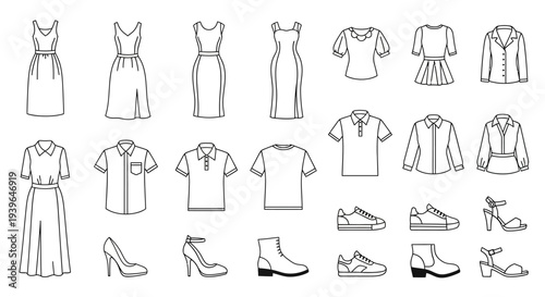 Fashion Collection: Dresses, Tops, Shoes, Jackets - Vector Line Art