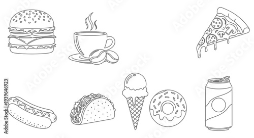 Fast Food Icons - Line Art Collection of Popular Snacks and Drinks