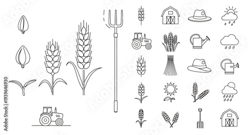 Farm Icons Set: Wheat, Tractor, Barn, Tools, Weather - Line Art