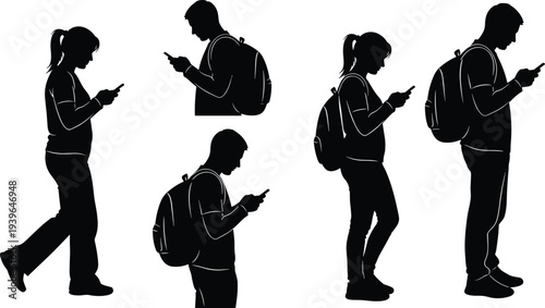 Black silhouettes of students with backpacks using smartphones set featuring young people walking and standing isolated on white background vector