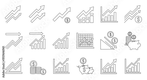 Financial Growth Icons: Charts, Graphs, Piggy Bank, Coins, Arrows