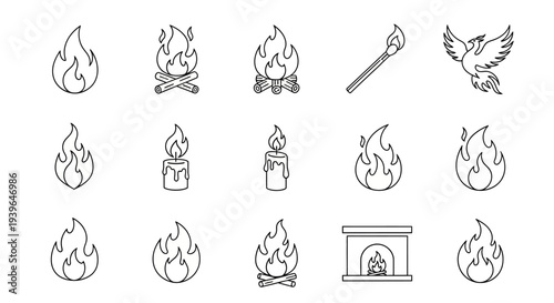 Fire Icons Set: Flames, Bonfire, Candle, Match, Phoenix, Fireplace - Line Art
