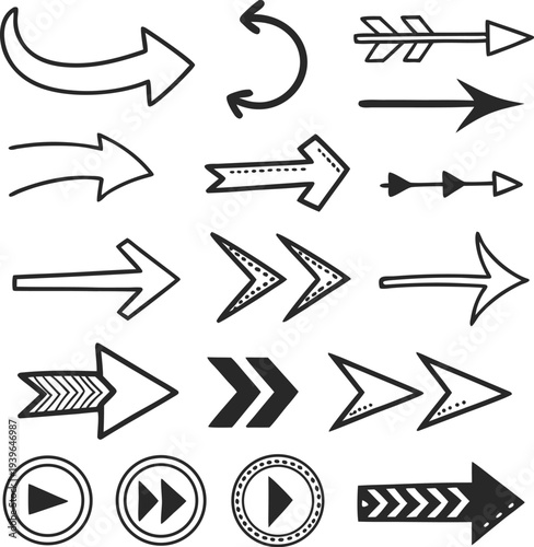 Collection of hand drawn black and white arrows and directional symbols