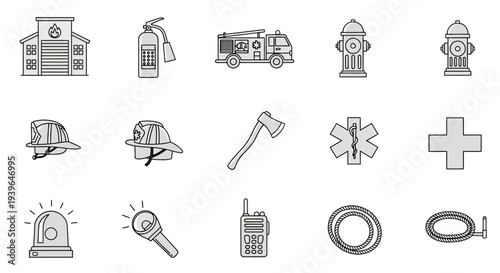 Firefighter Emergency Service Icons: Truck, Hydrant, Helmet, Axe, Medical
