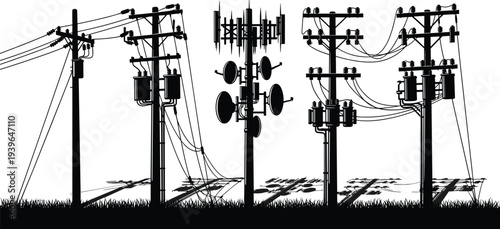 Vector illustration of electric utility poles and communication towers with power lines and transformers isolated on white background, industrial set.