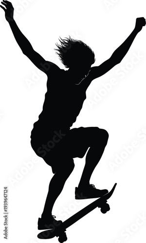 Black Silhouette of a Skilled Skateboarder Performing an Aerial Trick Jump in the Air Representing Extreme Sports Lifestyle Youth Culture and Active Urban Recreation Skills