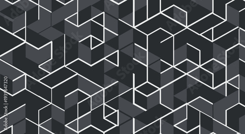 Abstract Geometric Pattern of Black and Gray Cubes with White Lines