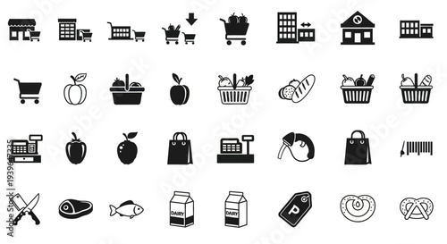 Grocery Shopping Icons: Supermarket, Food, Basket, Cash Register, Sale