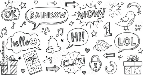Hand drawn doodle speech bubble icons set with hello wow lol rainbow arrows stars gift chat sticker vector illustration