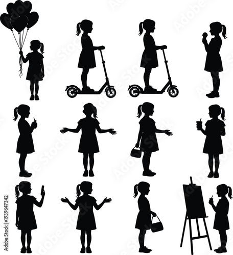 Black Silhouette Set of a Little Girl Engaging in Various Activities Including Riding a Scooter Holding Balloons Eating Ice Cream Painting and Using a Phone