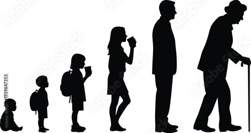 Black Silhouette Set Representing the Human Life Cycle Process from Infant Baby and School Child to Adult and Senior Elderly Man Walking with Cane